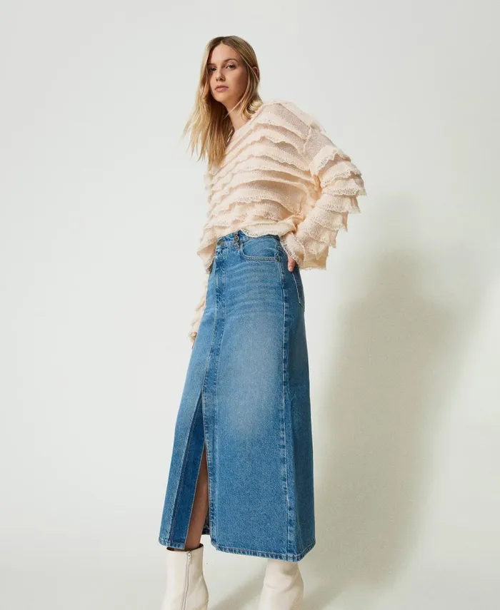 Twinset Denim Midi Skirt With Slit Denim Women Suits And Sets