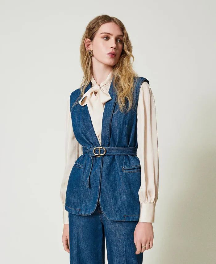 Twinset Denim Waistcoat With Belt Denim Women Jackets And Outerwear
