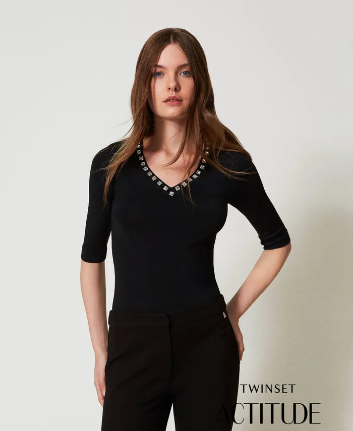 Twinset Fitted Jumper With Rhinestones Black Women Jumpers And Cardigans