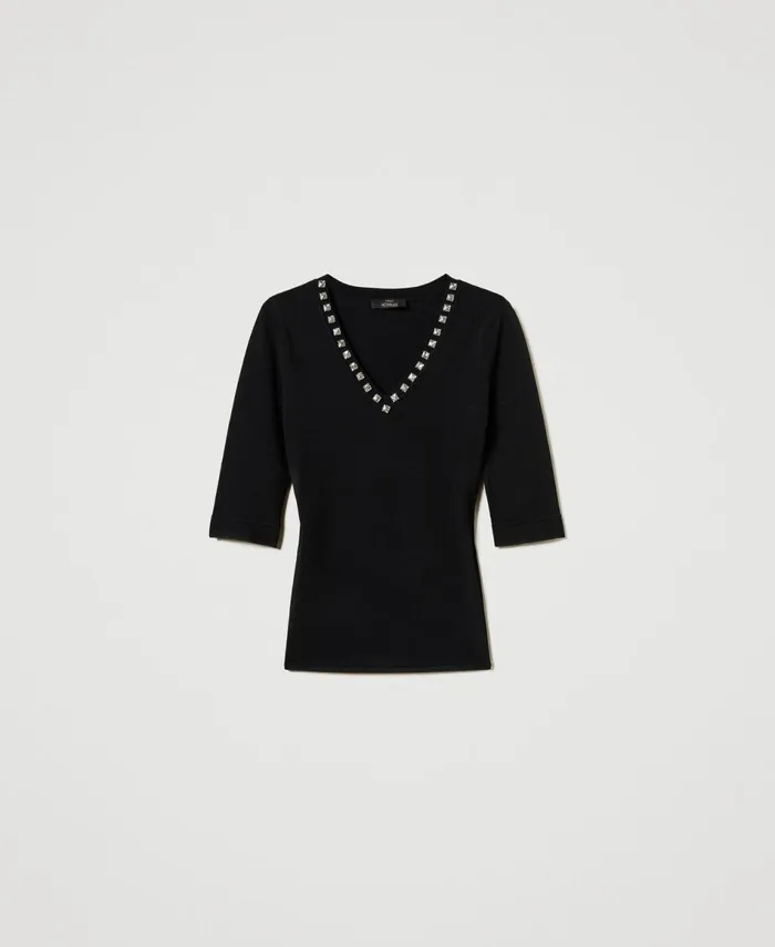 Twinset Fitted Jumper With Rhinestones Black Women Jumpers And Cardigans Twinset Fitted Jumper With Rhinestones Black Women Jumpers And Cardigans