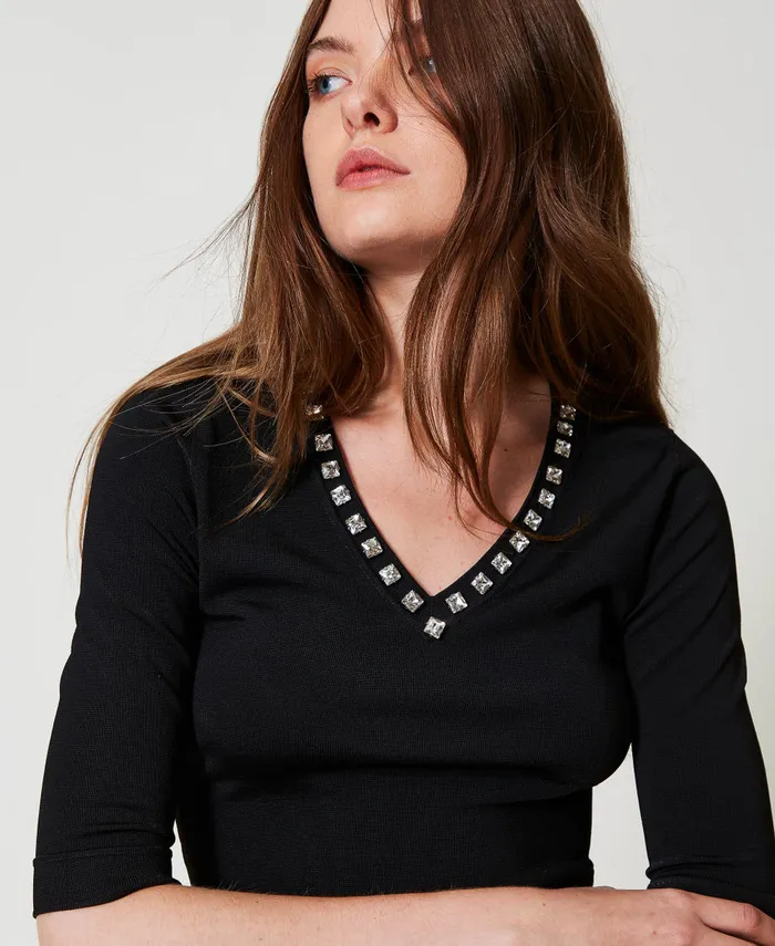 Twinset Fitted Jumper With Rhinestones Black Women Jumpers And Cardigans Twinset Fitted Jumper With Rhinestones Black Women Jumpers And Cardigans