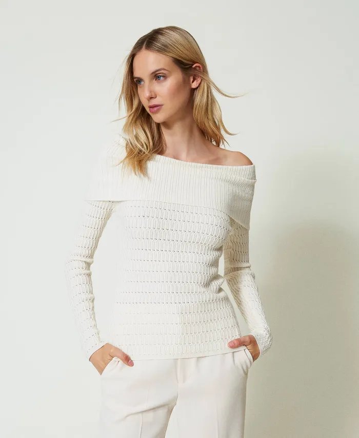 Twinset Fitted Off Shoulder Jumper Mother Of Pearl Women Jumpers And Cardigans
