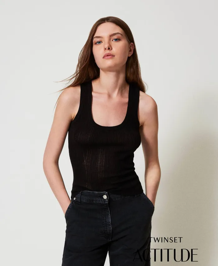 Twinset Fitted Rib Knit Top Black Women TShirts And Tops