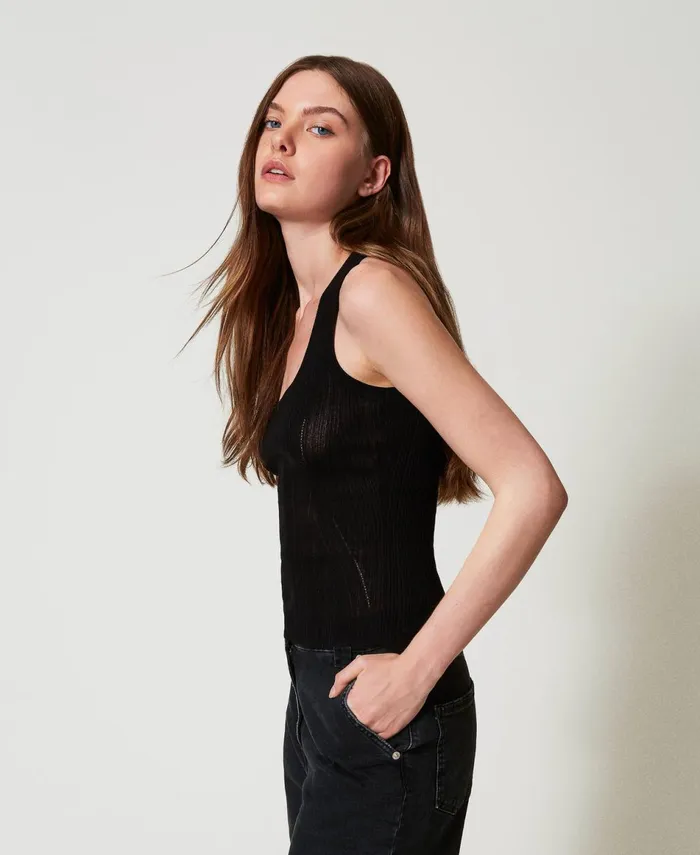 Twinset Fitted Rib Knit Top Black Women TShirts And Tops Twinset Fitted Rib Knit Top Black Women TShirts And Tops