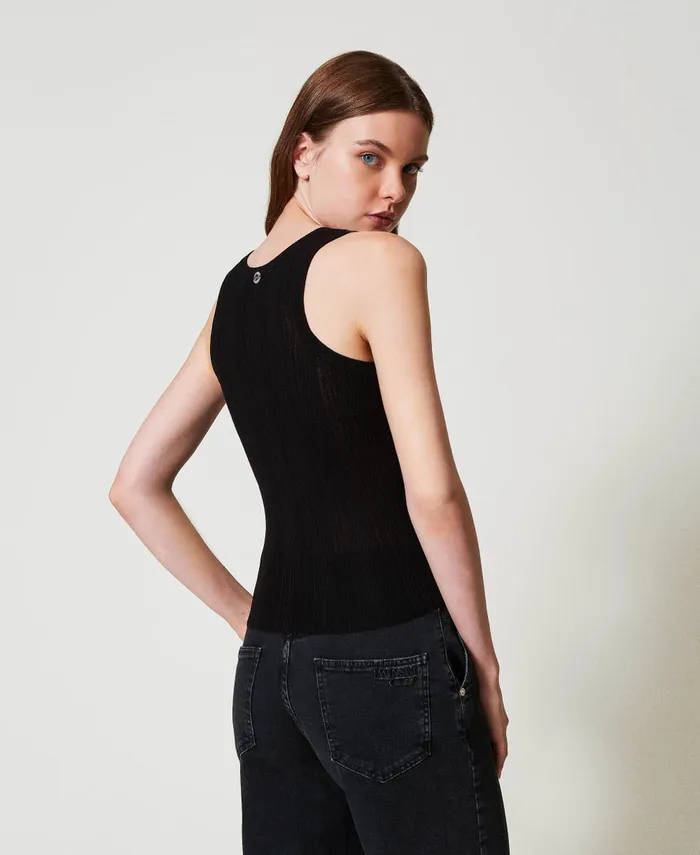 Twinset Fitted Rib Knit Top Black Women TShirts And Tops Twinset Fitted Rib Knit Top Black Women TShirts And Tops