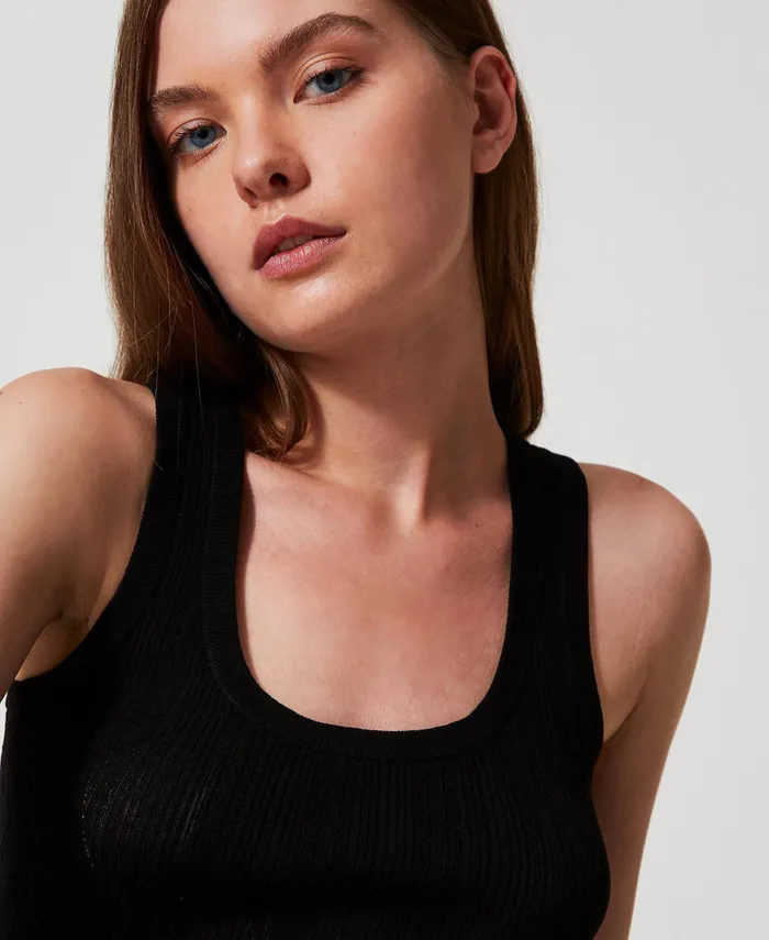 Twinset Fitted Rib Knit Top Black Women TShirts And Tops Twinset Fitted Rib Knit Top Black Women TShirts And Tops