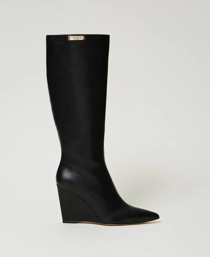 Twinset High Boots With Wedge And Logo Plate Black Women Heels