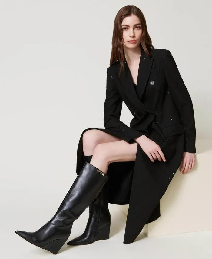Twinset High Boots With Wedge And Logo Plate Black Women Heels
