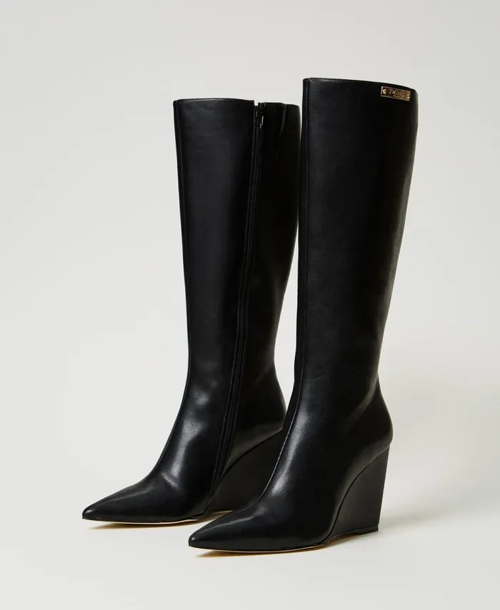 Twinset High Boots With Wedge And Logo Plate Black Women Heels