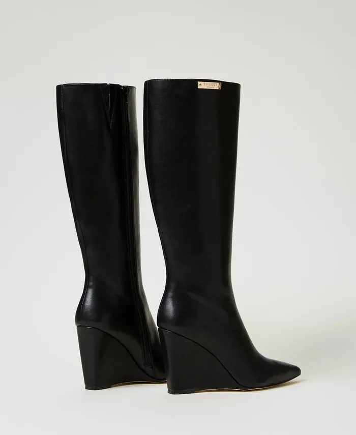 Twinset High Boots With Wedge And Logo Plate Black Women Heels