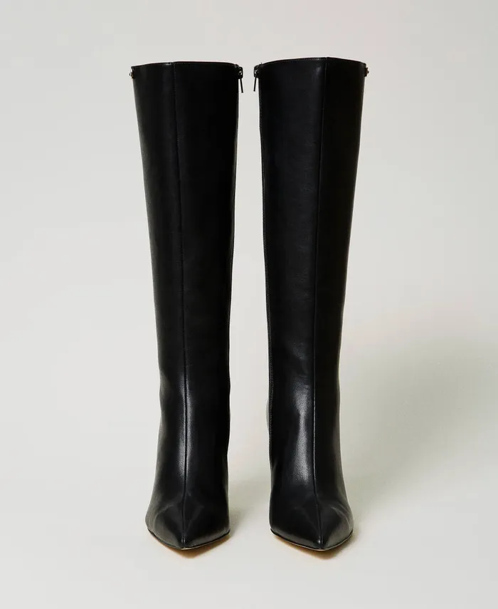 Twinset High Boots With Wedge And Logo Plate Black Women Heels