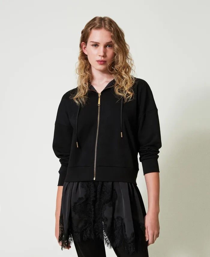 Twinset Hoodie With Satin And Lace Black Women Sweatshirts