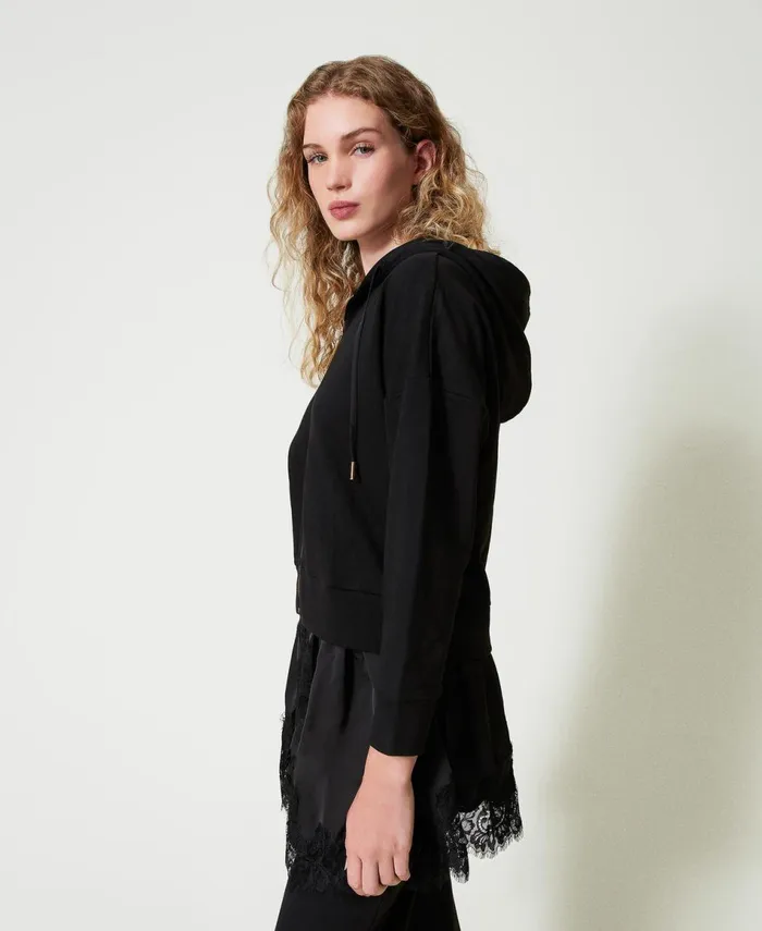 Twinset Hoodie With Satin And Lace Black Women Sweatshirts Twinset Hoodie With Satin And Lace Black Women Sweatshirts
