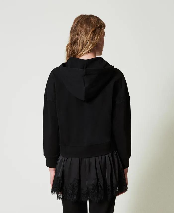 Twinset Hoodie With Satin And Lace Black Women Sweatshirts Twinset Hoodie With Satin And Lace Black Women Sweatshirts