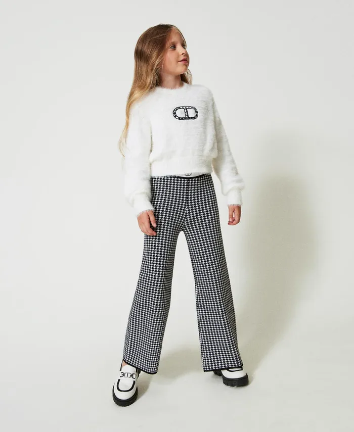 Twinset Jacquard Knit Trousers With Houndstooth Pattern Bicolour Off White Black Girl Trousers And Jeans