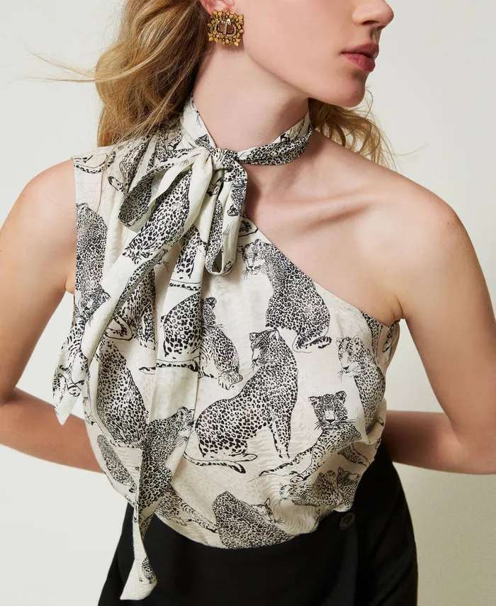 Twinset Jacquard OneShoulder Top With Jaguar Print Black Snow White Jaguar Print Women TShirts And Tops