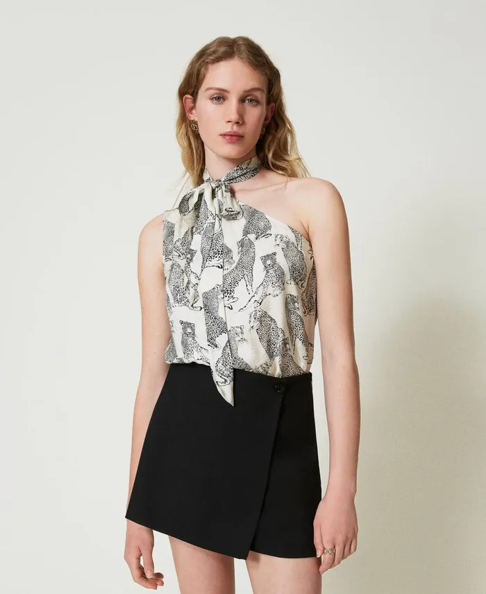 Twinset Jacquard OneShoulder Top With Jaguar Print Black Snow White Jaguar Print Women TShirts And Tops Twinset Jacquard OneShoulder Top With Jaguar Print Black Snow White Jaguar Print Women TShirts And Tops