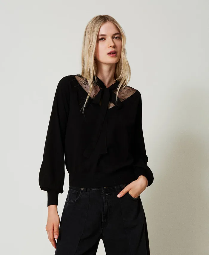 Twinset Jumper With Lace And Bow Black Women Jumpers And Cardigans