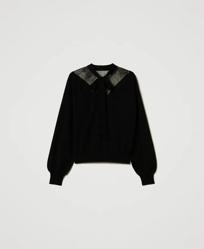 Twinset Jumper With Lace And Bow Black Women Jumpers And Cardigans Twinset Jumper With Lace And Bow Black Women Jumpers And Cardigans