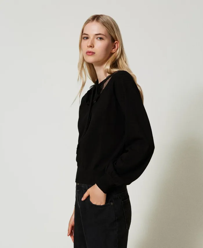 Twinset Jumper With Lace And Bow Black Women Jumpers And Cardigans Twinset Jumper With Lace And Bow Black Women Jumpers And Cardigans