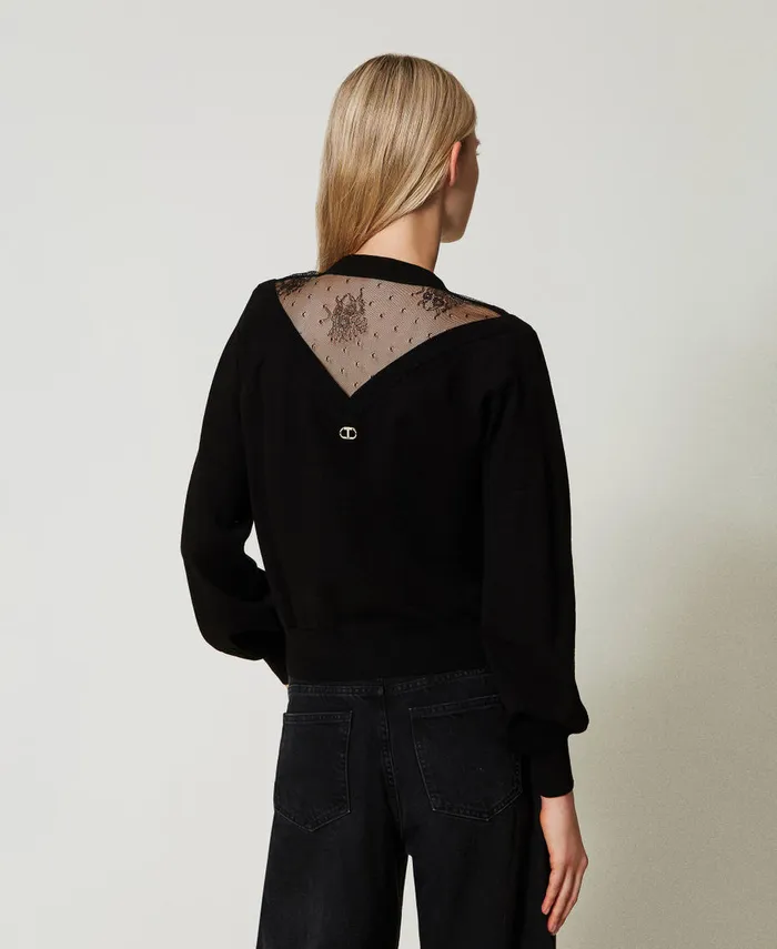 Twinset Jumper With Lace And Bow Black Women Jumpers And Cardigans Twinset Jumper With Lace And Bow Black Women Jumpers And Cardigans