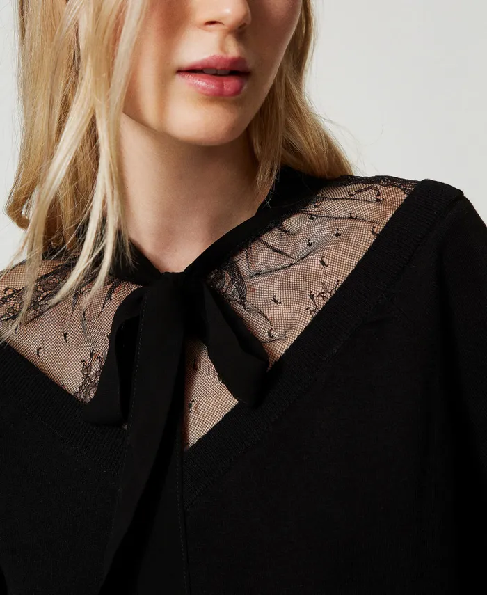 Twinset Jumper With Lace And Bow Black Women Jumpers And Cardigans Twinset Jumper With Lace And Bow Black Women Jumpers And Cardigans