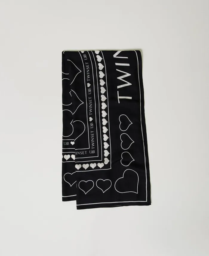 Twinset Kefiah With Logo And Heart Print Black Women Scarves