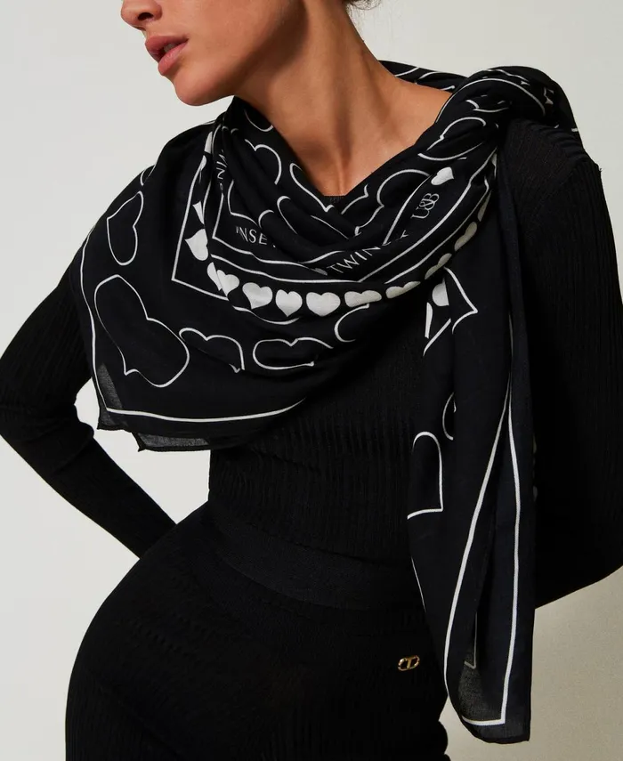 Twinset Kefiah With Logo And Heart Print Black Women Scarves Twinset Kefiah With Logo And Heart Print Black Women Scarves