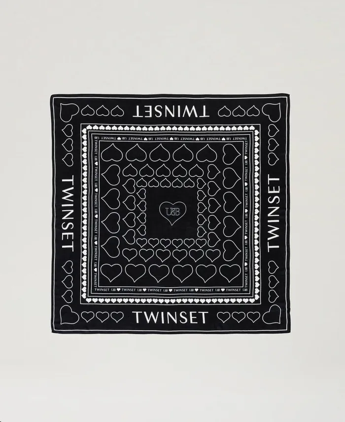 Twinset Kefiah With Logo And Heart Print Black Women Scarves Twinset Kefiah With Logo And Heart Print Black Women Scarves
