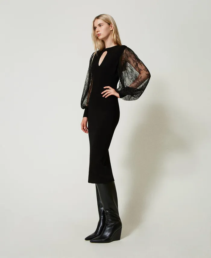 Twinset Knit And Lace Midi Dress Black Women Dresses