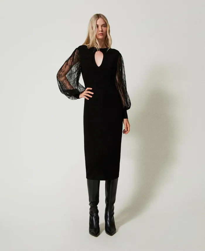 Twinset Knit And Lace Midi Dress Black Women Dresses Twinset Knit And Lace Midi Dress Black Women Dresses