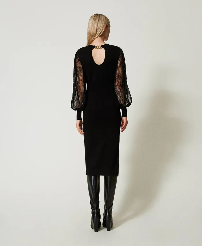 Twinset Knit And Lace Midi Dress Black Women Dresses Twinset Knit And Lace Midi Dress Black Women Dresses