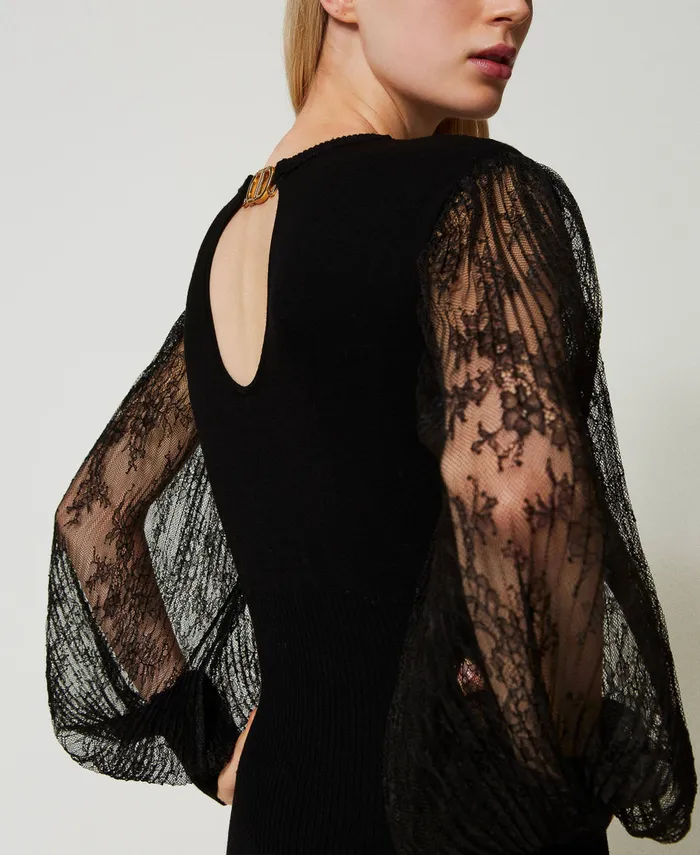 Twinset Knit And Lace Midi Dress Black Women Dresses Twinset Knit And Lace Midi Dress Black Women Dresses