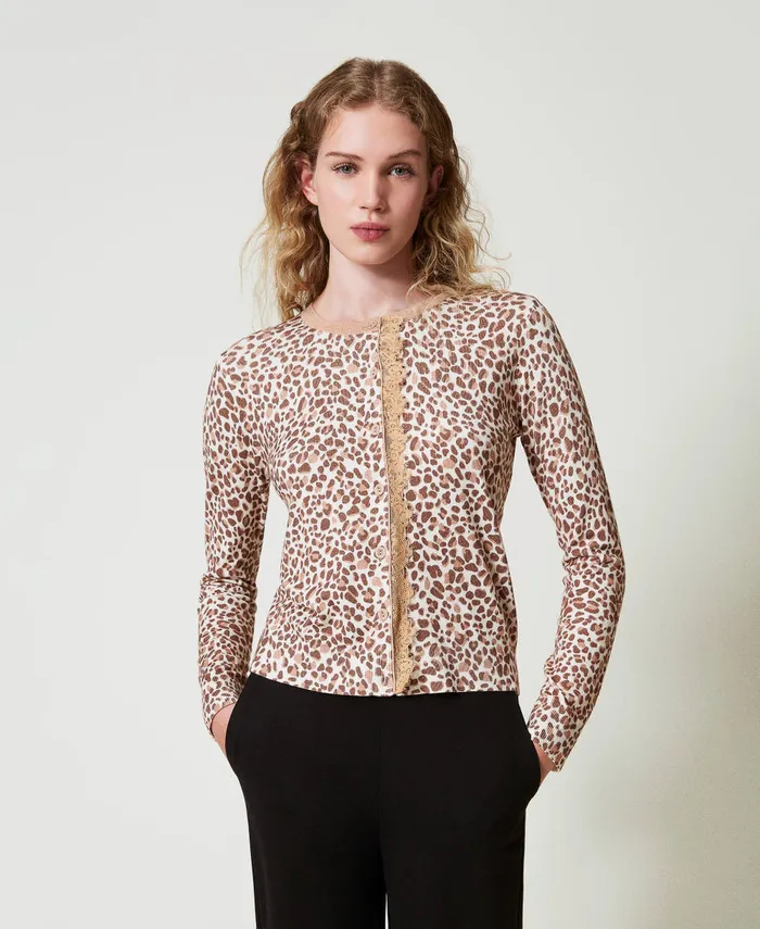Twinset Knit Cardigan With Print And Lace Multicolour Animal Print Women Jumpers And Cardigans