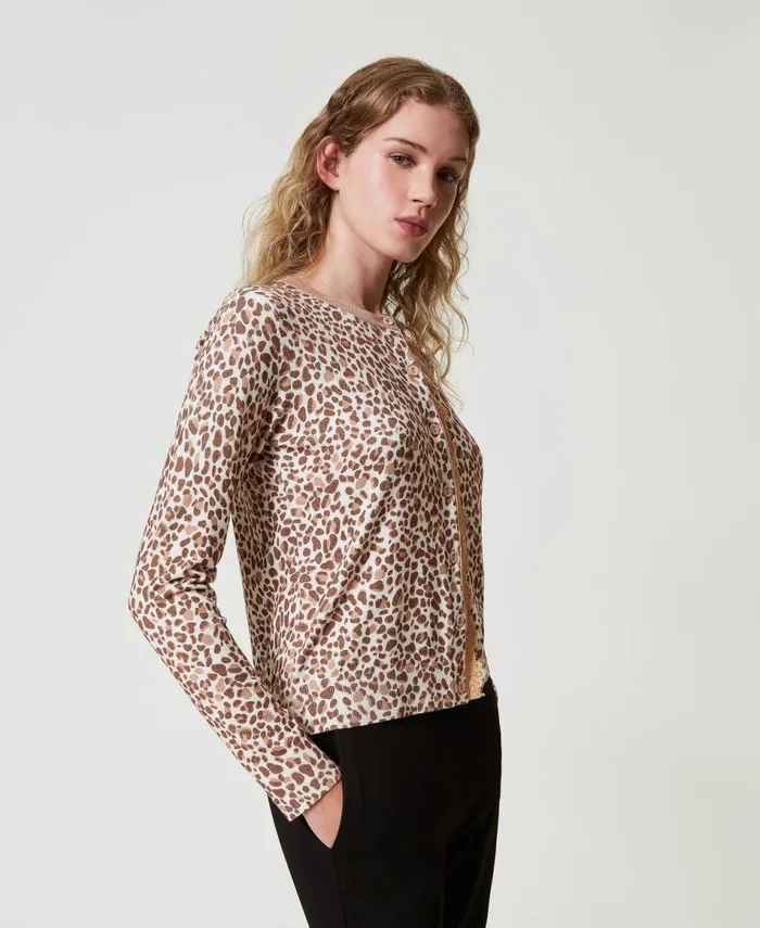 Twinset Knit Cardigan With Print And Lace Multicolour Animal Print Women Jumpers And Cardigans Twinset Knit Cardigan With Print And Lace Multicolour Animal Print Women Jumpers And Cardigans