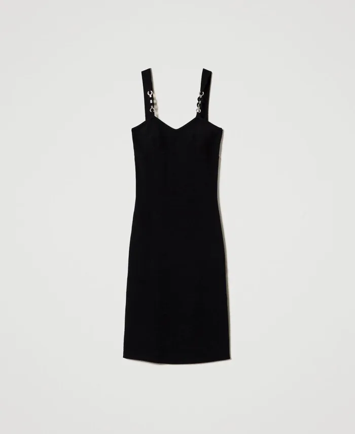 Twinset Knit Midi Dress With Jewel Shoulder Straps Black Women Dresses Twinset Knit Midi Dress With Jewel Shoulder Straps Black Women Dresses