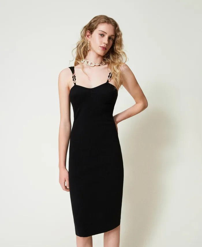 Twinset Knit Midi Dress With Jewel Shoulder Straps Black Women Dresses Twinset Knit Midi Dress With Jewel Shoulder Straps Black Women Dresses
