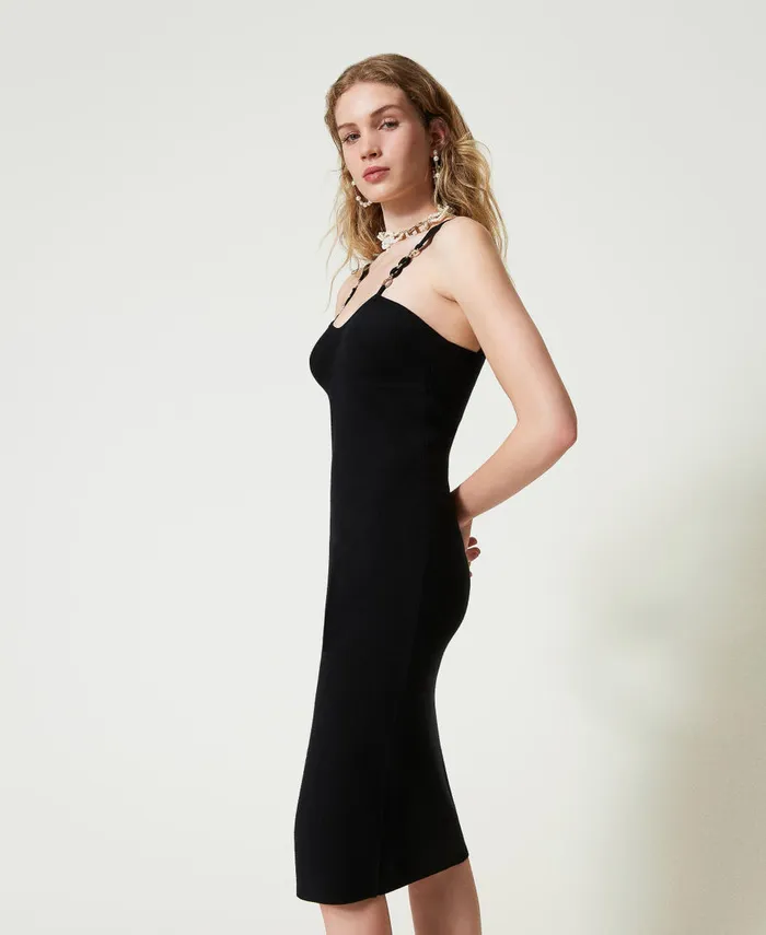 Twinset Knit Midi Dress With Jewel Shoulder Straps Black Women Dresses Twinset Knit Midi Dress With Jewel Shoulder Straps Black Women Dresses