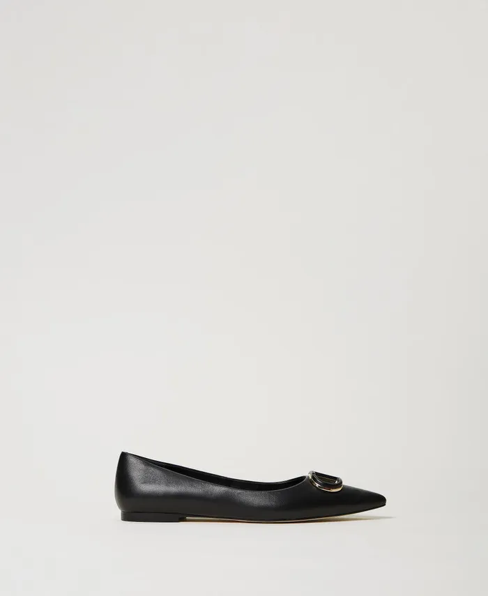 Twinset Leather Ballerina Shoes With Oval T Black Women Ballet Flats And Loafers