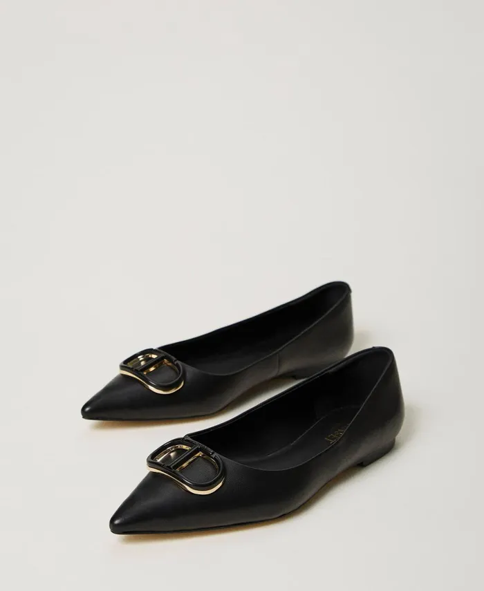 Twinset Leather Ballerina Shoes With Oval T Black Women Ballet Flats And Loafers Twinset Leather Ballerina Shoes With Oval T Black Women Ballet Flats And Loafers