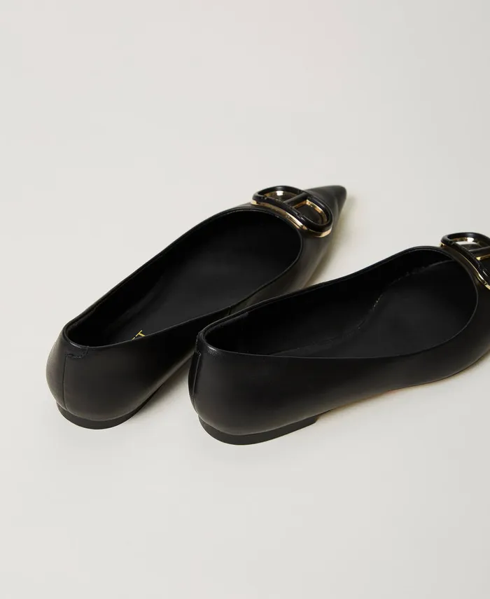 Twinset Leather Ballerina Shoes With Oval T Black Women Ballet Flats And Loafers Twinset Leather Ballerina Shoes With Oval T Black Women Ballet Flats And Loafers