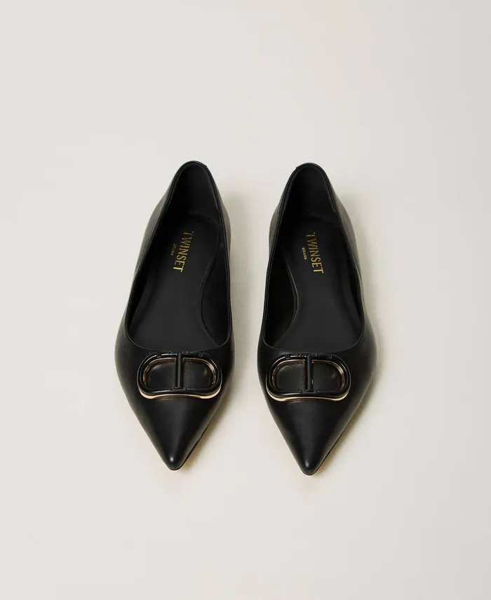 Twinset Leather Ballerina Shoes With Oval T Black Women Ballet Flats And Loafers Twinset Leather Ballerina Shoes With Oval T Black Women Ballet Flats And Loafers