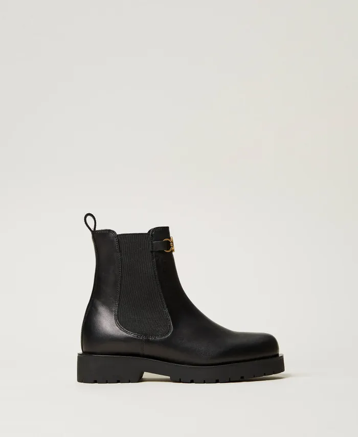 Twinset Leather Chelsea Boots With Oval T Black Women Boots And Ankle Boots