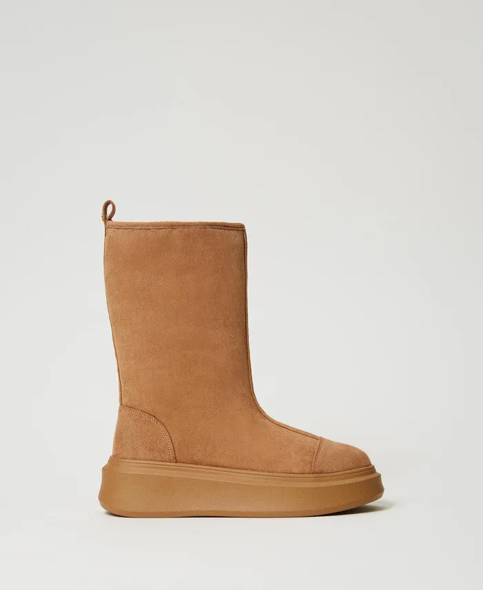 Twinset Lined Platform Boots Caramel Camel Women Flat Shoes