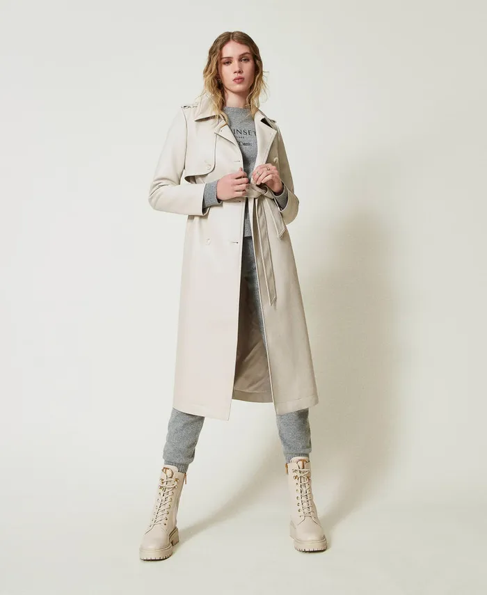 Twinset Long Coated Fabric Trench Coat With Belt Old White Women Jackets And Outerwear