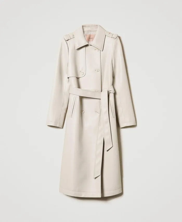 Twinset Long Coated Fabric Trench Coat With Belt Old White Women Jackets And Outerwear