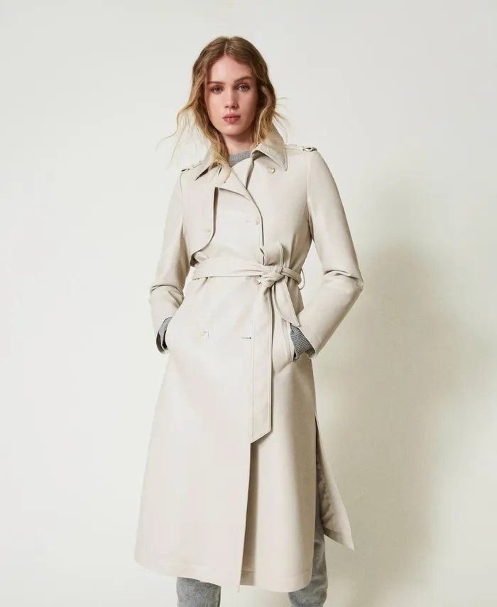 Twinset Long Coated Fabric Trench Coat With Belt Old White Women Jackets And Outerwear