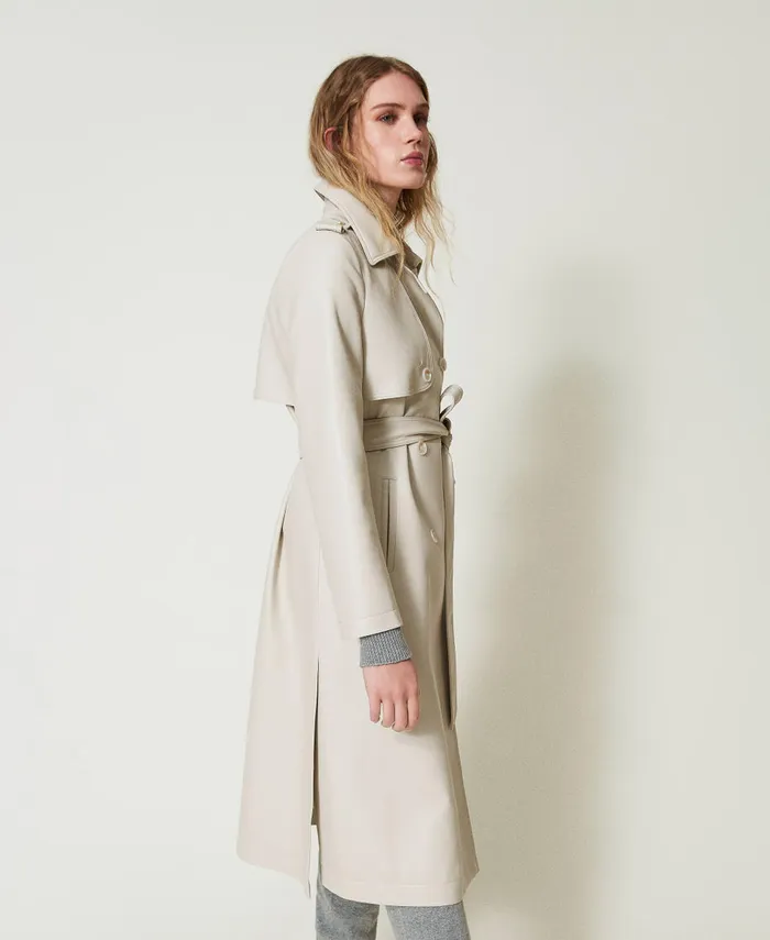 Twinset Long Coated Fabric Trench Coat With Belt Old White Women Jackets And Outerwear