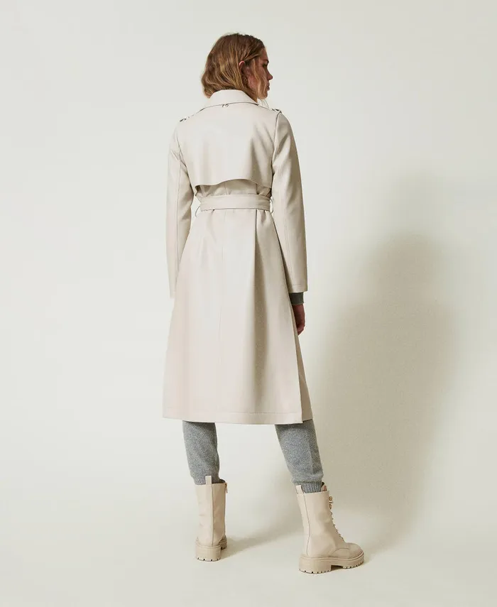 Twinset Long Coated Fabric Trench Coat With Belt Old White Women Jackets And Outerwear