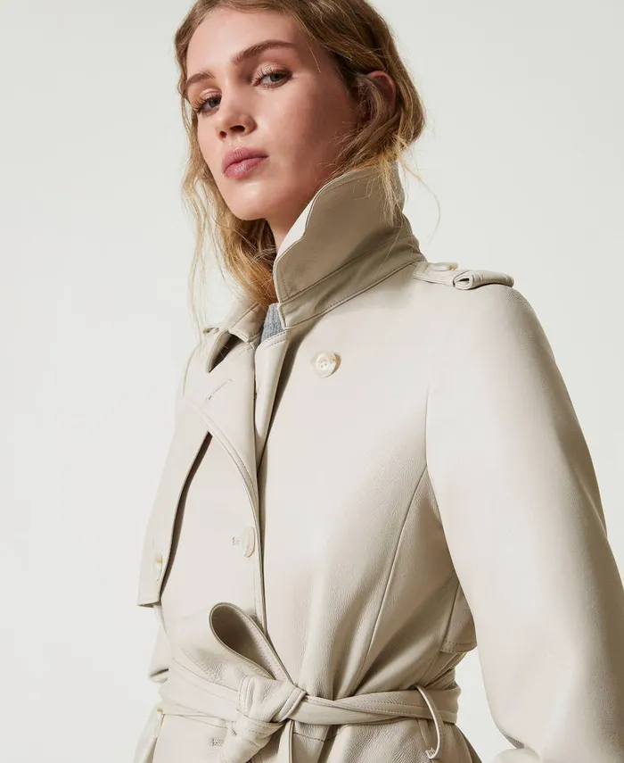 Twinset Long Coated Fabric Trench Coat With Belt Old White Women Jackets And Outerwear